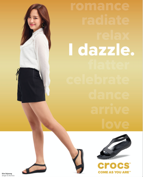 South Korean actress and gugudan girl-band member Kim Se-Jeong wears the Crocs Serena Sandal.